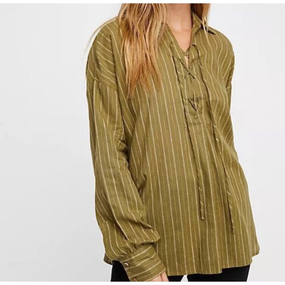 Free People Olive Green  Under The Boardwalk Linen Blend Lace Up Blouse Size L